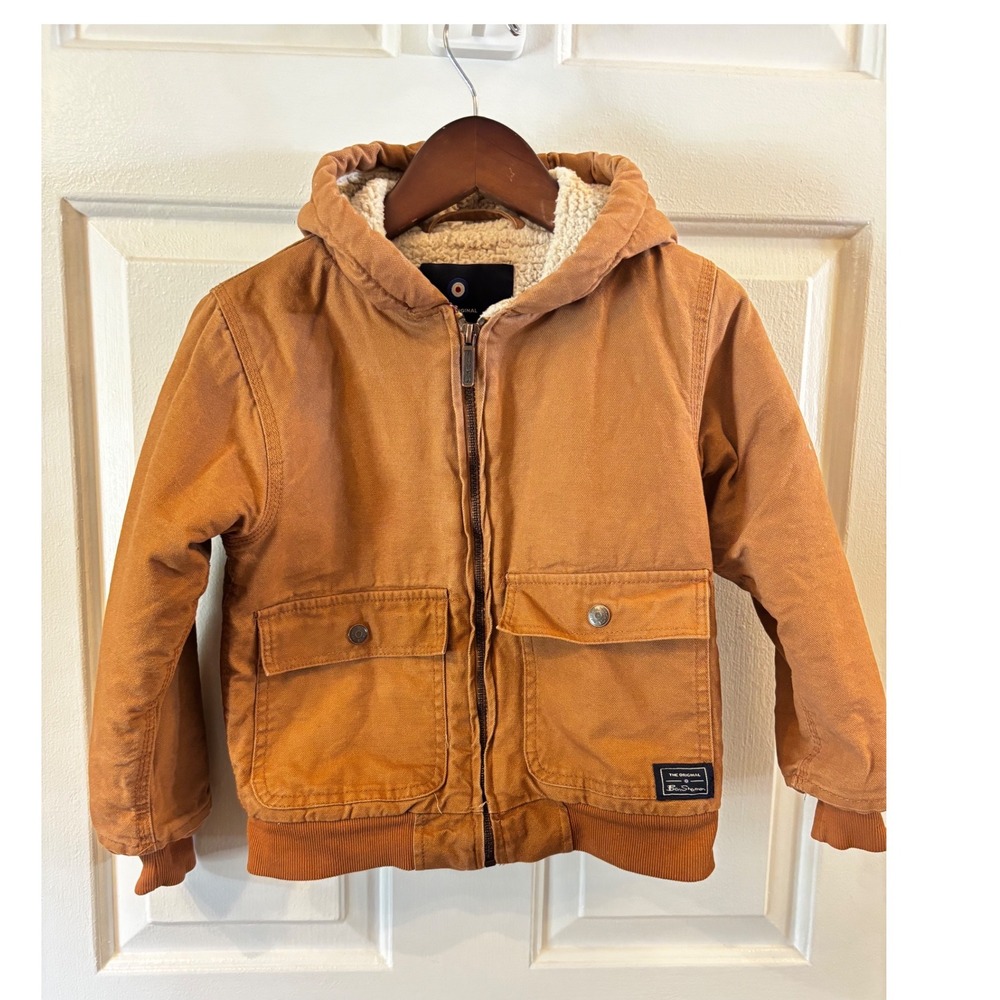Ben Sherman Kids Brown Canvas Sherpa Lined Hooded Jacket Size 5 Workwear Coat